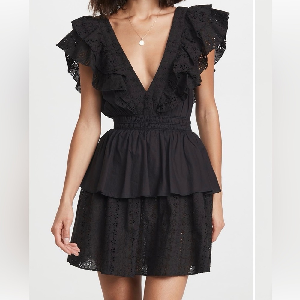 Playa Lucila ruffle mini dress lightweight cotton eyelet black small